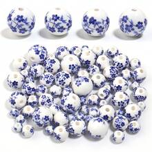 30pcs Simple & Fashionable Ceramic Beads, Crystal Glass Round Beads, Diy Handmade Jewelry Making Accessories - Blue Florals - View 4