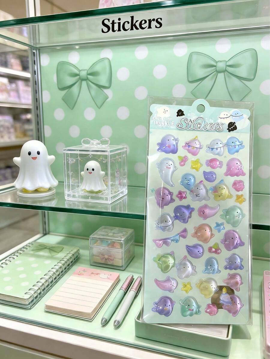 幽灵主题系列，可爱小怪兽水晶透明3D立体浮雕贴纸，卡通防水3D贴纸，适用于剪贴簿、儿童奖励卡、亲子互动娱乐，随机发货 - 彩色 - 查看 1