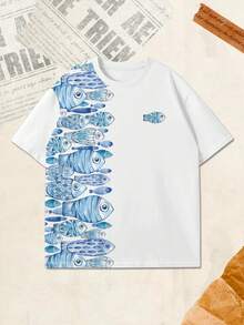 Men's Ocean Fish School Print Casual Short Sleeve Top - Multicolor - View 6