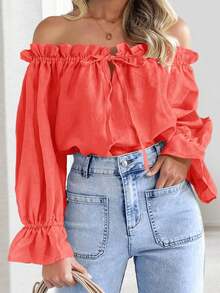 Women's Fall Off The Shoulder Ruffle Blouse Puff Sleeve Tie Front Design Loose Elegant Top - 橘色 - 查看 2