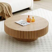 31.49" Round Coffee Table Wood, Modern Unique Circle Coffee Table, Contemporary Drum Fluted Coffee Table Accent End Side Table Center Table For Living Room, Small Space, Apartment - Natural - View 4