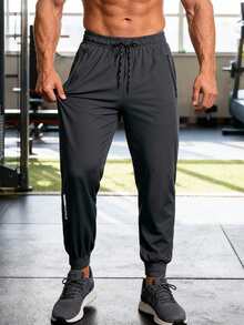 1 pieza Pantalón de chándal gris oscuro para hombres, transpirable, de secado rápido, ligero, con cordón en la cintura, adecuado para entrenamiento físico, lavable, versátil para uso diario y entrenamiento de verano - Gris Oscuro - Ver 5