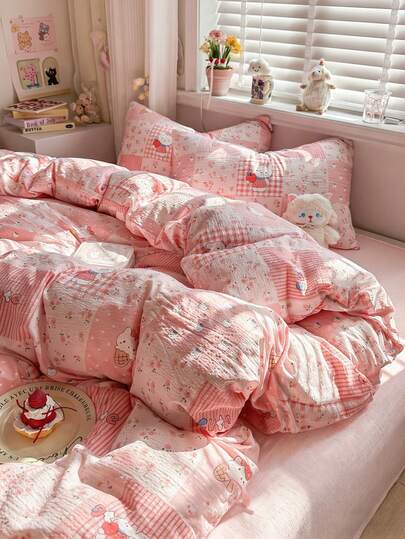 4pcs/Set Sweet Girl Style Duvet Cover Set, Pink & White Plaid, Cartoon Floral & Kitten Patchwork Pattern, Polyester Double-Layer Gauze, Bedding Set (1 Duvet Cover + 1 Flat Sheet + 2 Pillowcases), Bedroom Decor, Excludes Filler, Pillowcase Pattern Randomly Cut