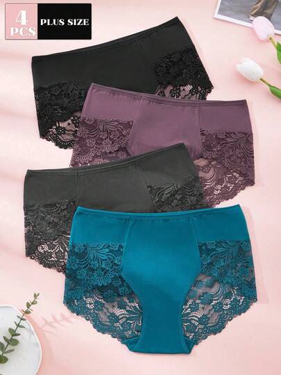 4条/包 大码女士纯色浪漫蕾丝舒适透气高品质内裤
