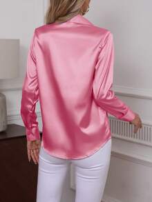 女士大码优雅府绸衬衫，经典纯色柔软舒适单排扣长袖上衣，2025秋冬新款女装大码上衣 - 西瓜粉 - 查看 5