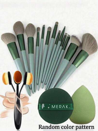 16pcs Green Makeup Brush Set + 1pc Foundation Brush + 2pcs Random Color/Shape Makeup Sponges, Suitable For Eyeshadow, BB Cream, Concealer, Soft Multi-Functional Makeup Tools, Makeup Brush Set For Women, Makeup Brush Set, Complete Makeup Kit, Makeup Brush Set, Full Makeup Set, Makeup Brush Set, Makeup Gift Set