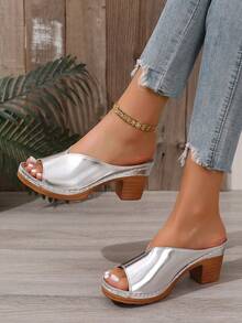 女士粗跟凉鞋，黑色露趾夏季新款时尚户外拖鞋，金色女士厚底坡跟单带休闲穆勒鞋 - 銀色 - 查看 11