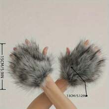 Plush Wolf Gloves, Suitable For Halloween, Christmas, And Parties - Grey - View 2