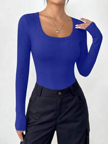 PRETTYGARDEN Women Spring And Fall Long Sleeve Shirts Clothes Cute Going Out Tops Ribbed Tight Fitted Plain Basic Tee Tshirts Vacation Outfits For Women - 寶藍色 - 查看 5