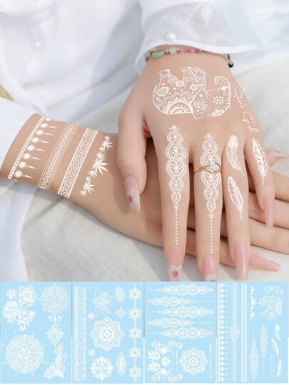 STARTTOOS 白色蕾丝海娜曼陀罗花 - 曼海蒂临时纹身贴纸，DIY白色婚礼、闪亮音乐节、狂欢节、情人节、派对节日礼物，适用于手腕、脚踝、肩膀、脖子、锁骨等小面积身体部位