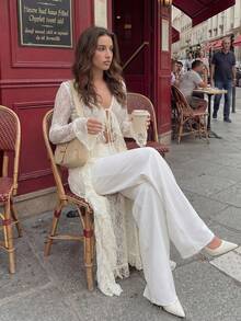 HoloChill 女士夏季沙滩薄纱长袖宽松和服，2026 新款女士假日装扮、派对装扮、沙滩度假装扮、优雅休闲上衣 - 米色 - 查看 6