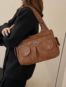 1件复古大容量手提包，复古PU单肩斜挎包，女士休闲托特包兼钱包 - 棕色 - 查看 11