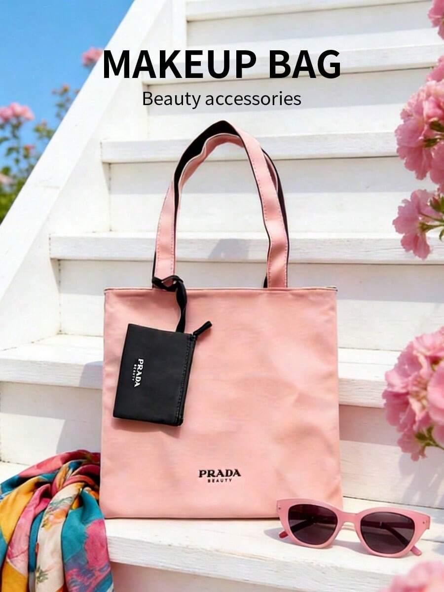 Prada Large Capacity Shoulder Makeup Bag, Pink Nylon Travel Toiletry Bag, Vacation Essentials Cosmetic Organizer With Pouch - Watermelon Pink - View 1