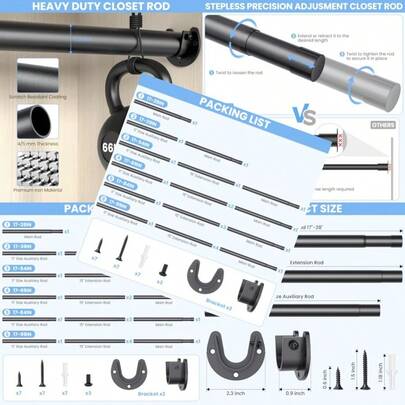 Closet Rods For Hanging Clothes 17 To 28 Inch Stepl Adjustable Closet Rod 1.3 Inch Diameter Metal Heavy Duty Closet Hanging Rod For Closet Wardrobes Laundry RV Black