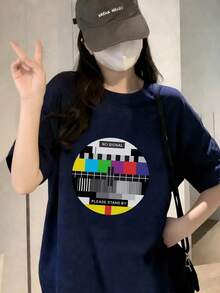 新款夏季 Z 世代 Y2K 风格女式趣味印花圆领短袖 T 恤 - 藏蓝色 - 查看 1