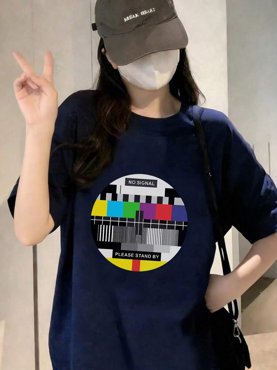 新款夏季 Z 世代 Y2K 风格女式趣味印花圆领短袖 T 恤 - 藏蓝色 - 查看 1