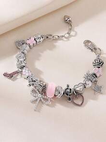 Minimalist Fashionable Pink Love Flower Pearl Crystal Multi-Element DIY Bracelet, Cute Girl Bow Daisy Insect Bracelet, Suitable For Daily, Festivals, Sweet Gifts For Girlfriends, Best Friends, New Year, Valentine's Day, Ramadan - Pink - View 12