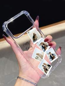 1pc Customized 4-Photo Text Name Minimalist Transparent Shockproof Phone Case Compatible With IPhone11/12/13/14/15/16/16pro/16plus/16promax/17/17pro/17promax/Air, 9A/S24/S25ultra/S25plus/S25edge/S25FE/A07/A17, Moto G85, Hot 50 Pro+ And More, Suitable As Gift For Friends - Clear - View 4