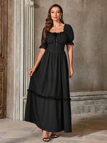 暗黑哥特风方领女士长裙，花瓣袖蕾丝拼接收腰连衣裙，万圣节角色扮演服装长袍 - 黑色 - 查看 3