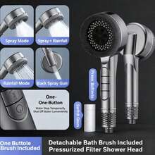 1个手持式增压钢琴键花洒，配8个过滤棉，高压喷淋，安装简便，无需用电，适用于家庭、浴室、酒店 - 灰色-1pc - 查看 4