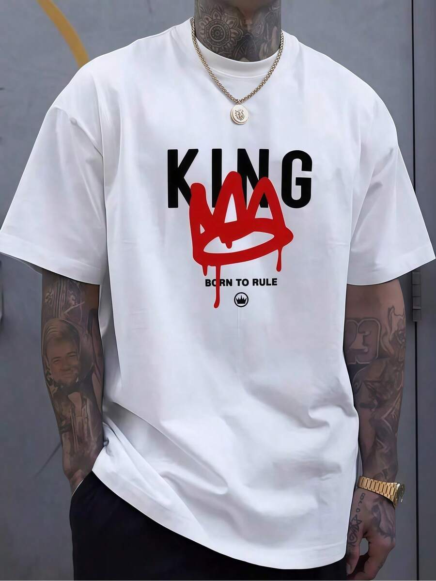1 Pc Men's Clothing KING Crown Printed White Tshirt, Graphic Tee, Summer Tops, Shirt, Unisex Casual Crew Neck Tshirt, Plus Size Men's 5XL, Lightweight 220 G/M² Knitted Fabric, Machine Washable, Suitable For Spring/Summer/Autumn Wear Christmas, Halloween, Valentine's Day - 白色 - 查看 1