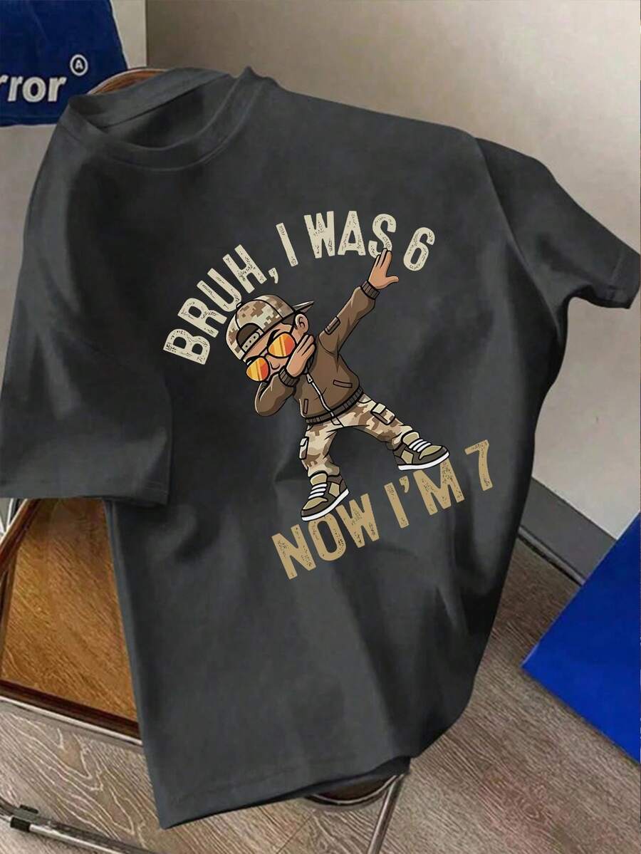 Tween Boys' Graphic Print Short Sleeve T-Shirt, Student Youth Casual Summer Top - Dark Grey - View 1