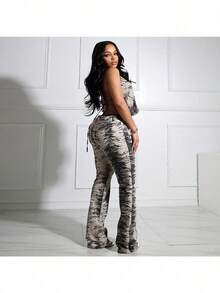 Fashion Zebra Pattern Women's Clothing Loose Wide-Leg Pants Set Backless Lace-Up Black And White Color Matching Two-Piece Set - 黑與白 - 查看 2