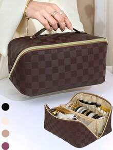 1pc PU Leather Travel Makeup Bag, Cosmetic Storage Pouch, Toiletry Organizer Bag For Skincare, Makeup, Brushes, Powder, Lipstick, Suitable For Beach, School, Bathroom, Holidays, Valentine's Day, Christmas Gifts For Mom, Family, Friends, Students, Essential For Autumn Travel - Brown - View 2