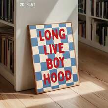 1张复古蓝白格子墙贴海报 - 复古青春风装饰，印有“LONG LIVE BOYHOOD”字样 - 哑光帆布印刷，适用于青少年房间、客厅、卧室 - 易于粘贴安装（无需画框） - 可重复使用的家居装饰 - F - 查看 4