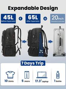 大容量背包 - 經久耐用，適合旅行、健行和露營，配有防盜口袋、筆記型電腦隔層和多個拉鍊口袋 - 男女通用可擴展背包 - 耐用商務、學習和度假背包 - 黑色背包，配有可調節肩帶，旅行裝備，設計優雅，採用優質面料，適合健身愛好者 - 黑色 - 查看 7