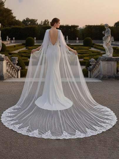 1 pieza Capa nupcial de encaje de 3 metros, diseño de escote en V con cuentas 3D, lujoso y elegante, adecuado para vestido de novia, eventos formales y fiestas