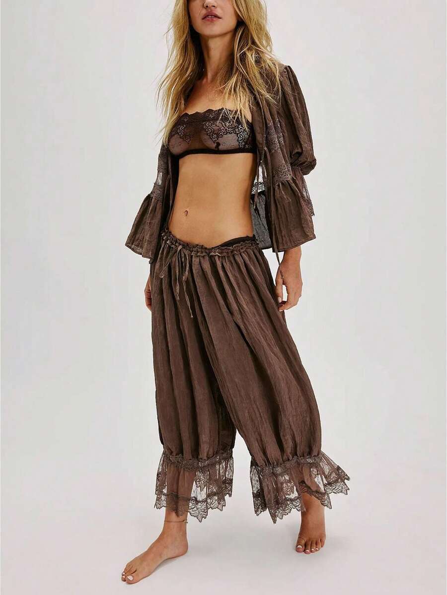 Women Lace Trim Long Bloomers Elastic Mid Rise Ruffle Pantaloons Cropped Flared Slips Pants Pajama - màu nâu - Xem 1