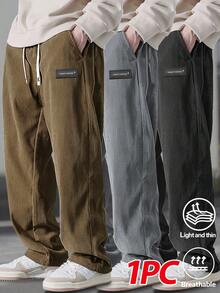 男士休闲灯芯绒裤，纯色，带抽绳口袋，透气舒适，适合休闲、度假 - 咖啡棕 - 查看 2