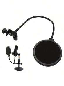 Filtre anti-vent professionnel pour microphone - Filtre de réduction du bruit à double couche, convient pour le karaoké, la diffusion en direct et l'enregistrement de podcast, avec interface XLR - Noir - Voir 3