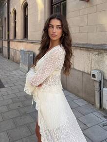 HoloChill 女士夏季沙滩薄纱长袖宽松和服，2026 新款女士假日装扮、派对装扮、沙滩度假装扮、优雅休闲上衣 - 米色 - 查看 4