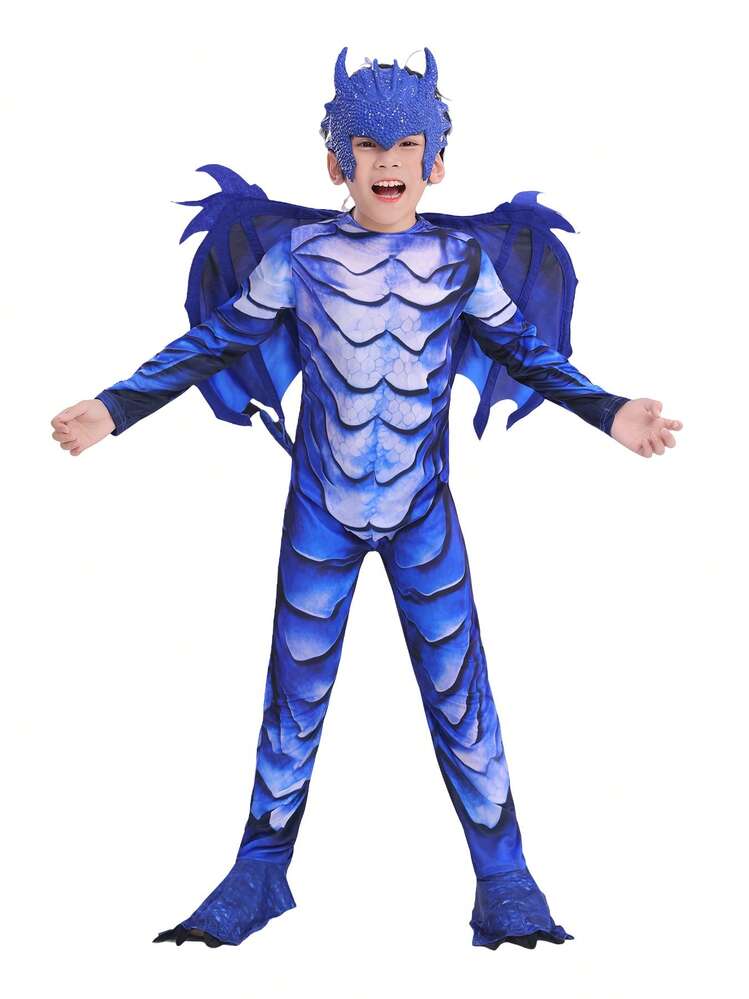 4-Piece Frost Dragon Upgrade Costume Set: Scaly Jumpsuit, Wings (Double-Sided Print), Dragon Tail, And Headpiece - Ideal For Halloween Parties, Ice & Snow Themed Performances, Creative Play, School Drama, Holiday Wear, Birthday Parties, Magical Frozen Adventures - Blue and White - View 4