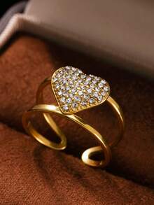 Sweet & Cool Light Luxury Style 18K Gold-Plated Double Ring Full Paved Crystal Heart Ring - Niche Girl's Adjustable Open Ring, Ideal For Women's Dating / Daily Street Wear - Yellow Gold - View 1