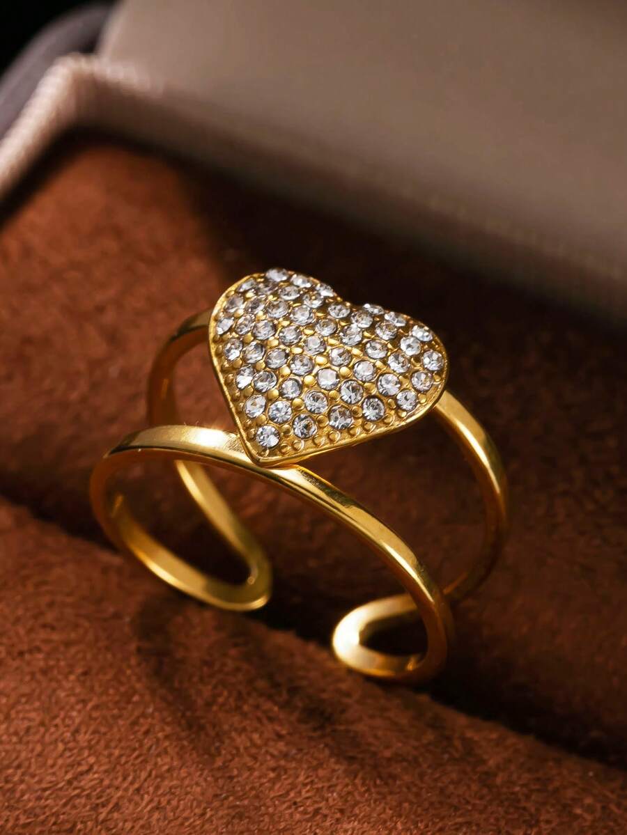 Sweet & Cool Light Luxury Style 18K Gold-Plated Double Ring Full Paved Crystal Heart Ring - Niche Girl's Adjustable Open Ring, Ideal For Women's Dating / Daily Street Wear - Yellow Gold - View 1