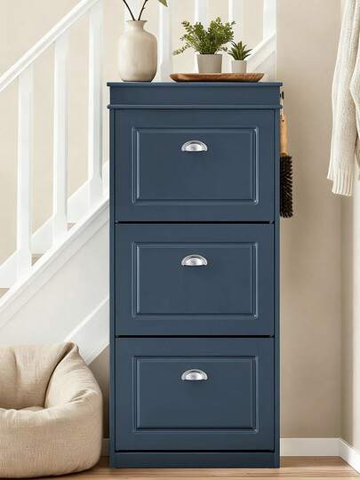 SoBuy Skoskåp med låda och krokar - Skohylla, skoskåp, smal - 3 flikar för upp till 12 par skor - Perfekt för hallar och små utrymmen - MDF(E1), blå, 53x24x118cm - FSR94-B