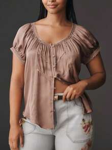 Women's Sweetheart Neck Puff Short Sleeve Blouse Lace Trim Button Front Relaxed Fit Boho Peasant Top - Brown - View 4