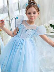 Flower Girl, Bridesmaid Wedding Birthday Party Beauty Pageant Dress, Princess Tulle Dress With Cloak - Baby Blue - View 4