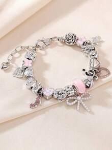 Minimalist Fashionable Pink Love Flower Pearl Crystal Multi-Element DIY Bracelet, Cute Girl Bow Daisy Insect Bracelet, Suitable For Daily, Festivals, Sweet Gifts For Girlfriends, Best Friends, New Year, Valentine's Day, Ramadan - Pink - View 10