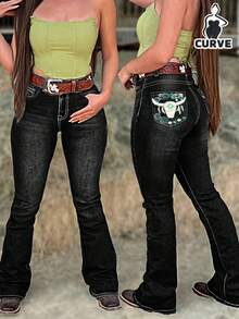 Plus-Size Women's High-Waist Jeans, Black Washed With A Bull Head Print On The Back Waist And Distressed Texture Design, Cinching The Core And Enhancing The Hips, Vintage-Style Plus-Size High-Waist Flare Jeans For Women. - 黑色 - 查看 10