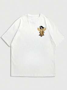 Men's Summer Fashion Minimalist Street Angel Wing Gold Sculpture Element Print Round Neck Short Sleeve T-Shirt | Basic Style Street Casual Versatile Top, Boyfriend/Husband Gift - White - View 4