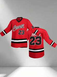 23号红色刺绣曲棍球T恤，男士V领长袖休闲T恤，派对及运动服 - 紅色 - 查看 1