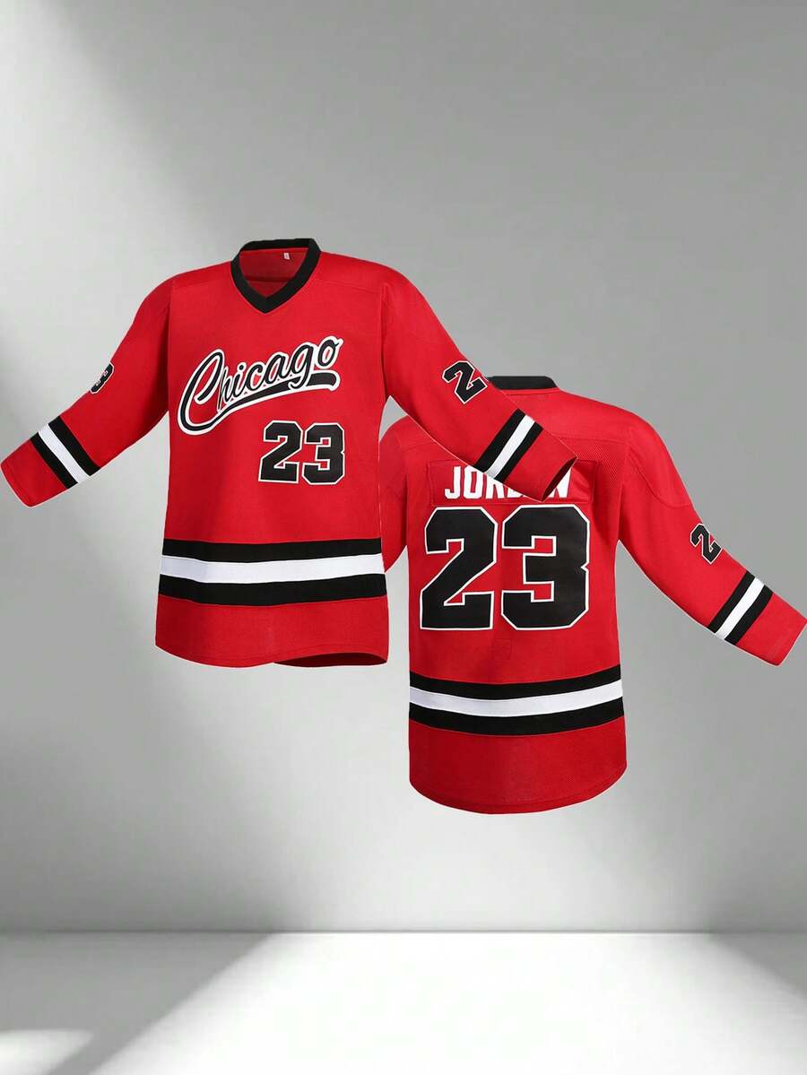 23号红色刺绣曲棍球T恤，男士V领长袖休闲T恤，派对及运动服 - 紅色 - 查看 1