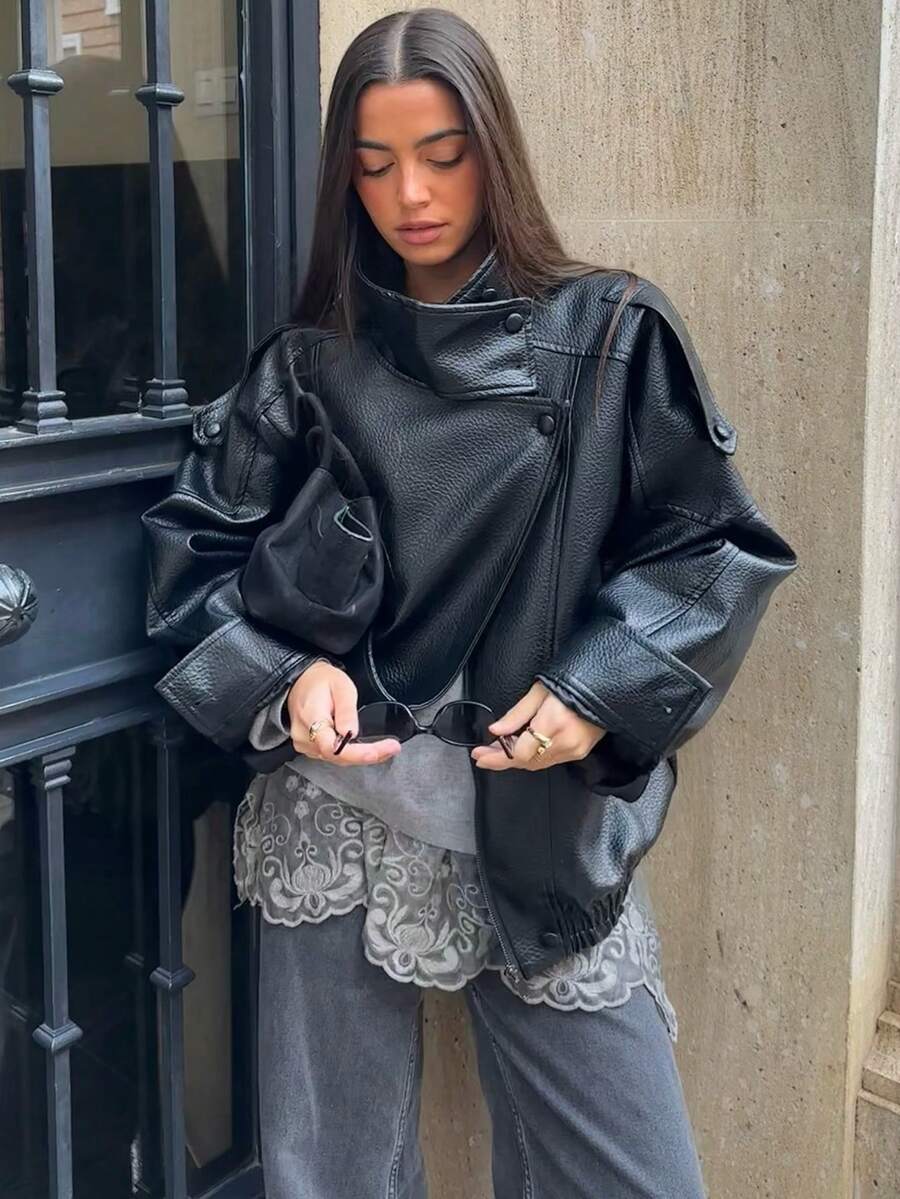 Women's Black PU Leather Jacket, Long Sleeve Zip-Up Bomber Jacket, Autumn/Winter Outerwear, Street Style - Dark Grey - View 1