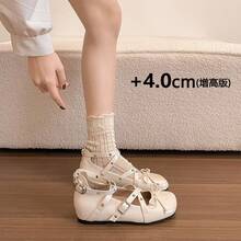 4cm Height Increase Square Toe Rivet Height Increase Mary Jane Shoes Women 2026 Spring New Bowknot Ballet Shoes - Black - View 4