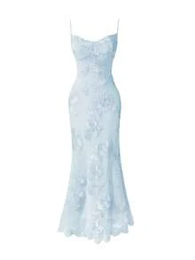Leaf & Floral Jacquard Elegant Dress With Embroidery, Mesh Patchwork For Birthday Party, Wedding, Formal Occasion Summer - Baby Blue - View 5