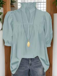 2025春夏秋季时尚新款衬衫，法式女衬衫，泡泡袖，返校，美式衬衫，时尚，教师，70年代，通勤，极简主义，办公室着装，复古，简单，法式，春夏上衣老款风格，教师衬衫，女士休闲短袖纯色衬衫，适合外穿 - 藍色 - 查看 1